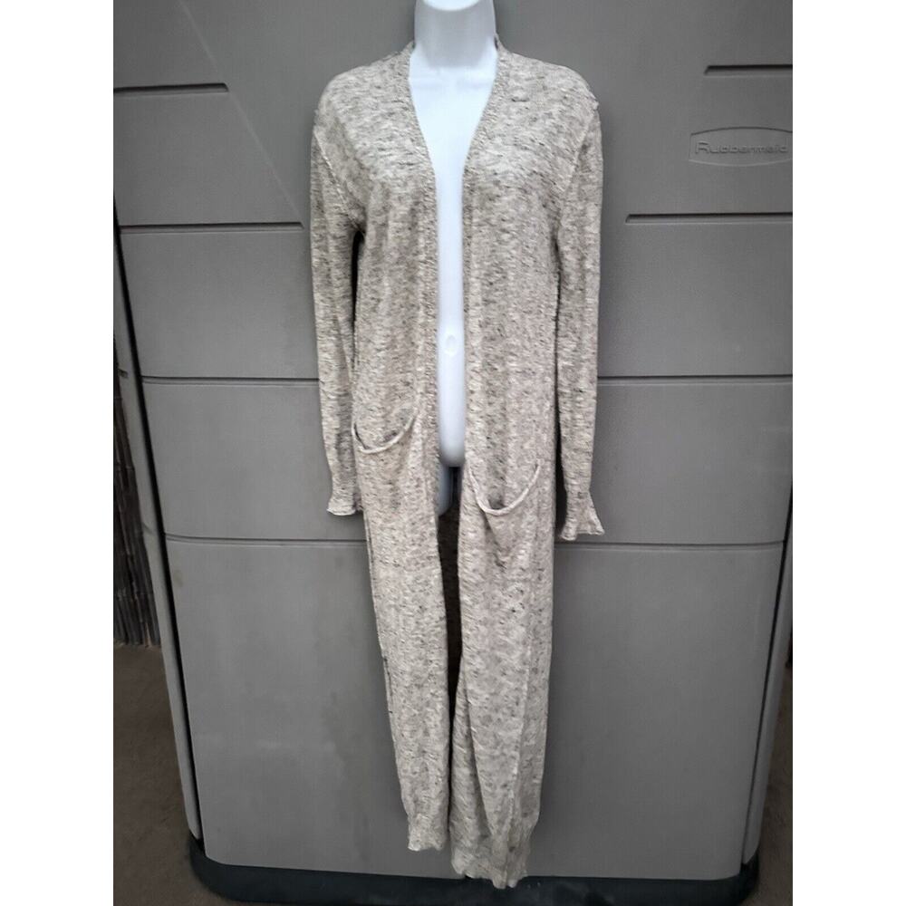 Zara Knit Long Cardigan/Duster open Front Slit Back Cotton Linen Oatmeal Sz S